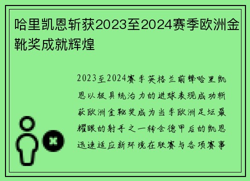 哈里凯恩斩获2023至2024赛季欧洲金靴奖成就辉煌 哈里凯恩斩获2023至2024赛季欧洲金靴奖成就辉煌