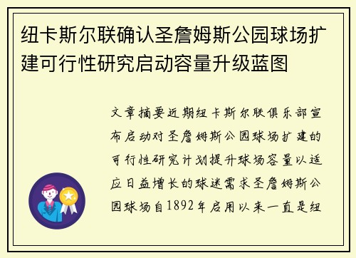 纽卡斯尔联确认圣詹姆斯公园球场扩建可行性研究启动容量升级蓝图 纽卡斯尔联确认圣詹姆斯公园球场扩建可行性研究启动容量升级蓝图